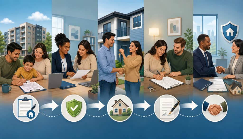 Voucher application, rent approval, lease signing, and HAP contract process illustration