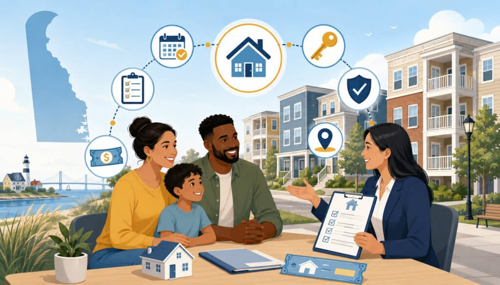 Delaware housing voucher assistance consultation with family and rental support icons