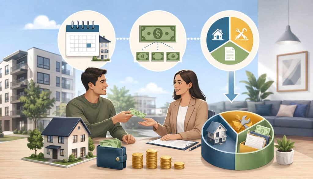 Tenant making a partial rent payment with payment allocation icons and rental property background