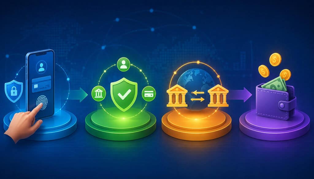 Payment initiation, authorization, settlement, and funding process illustration